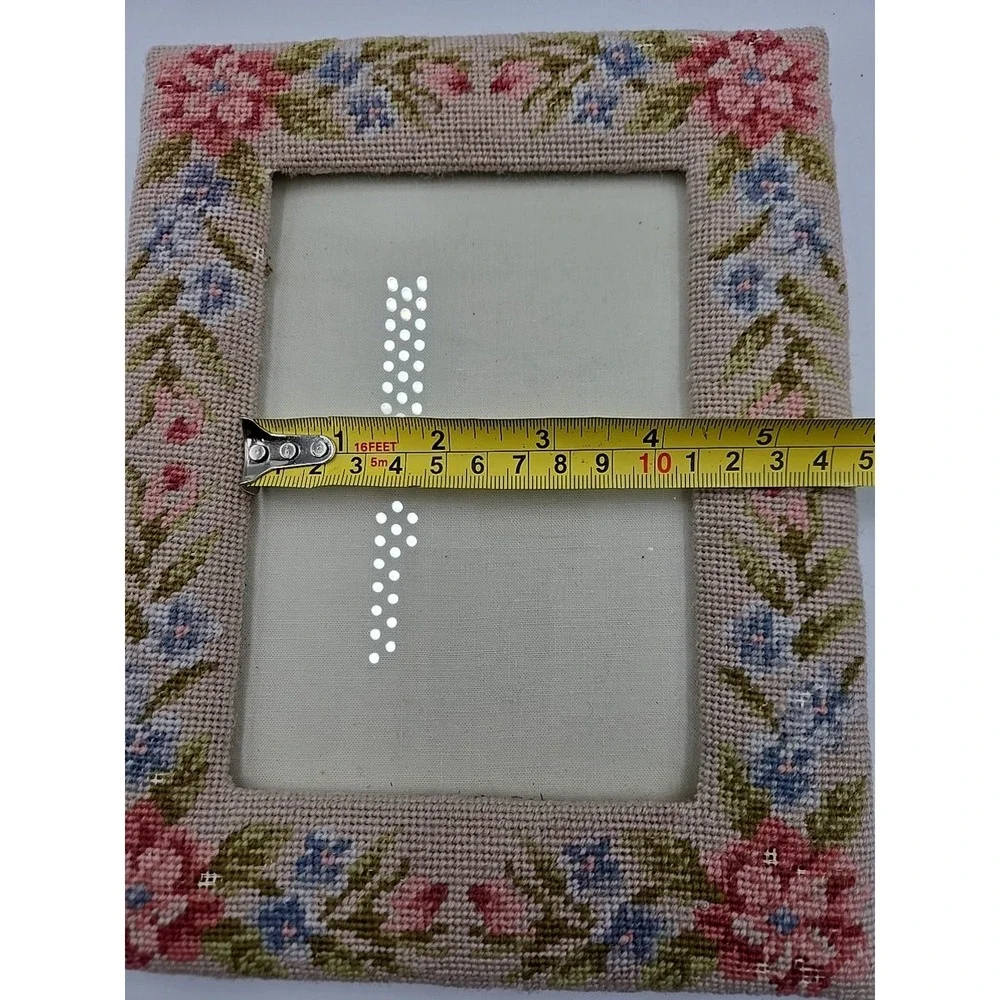 1991 Vintage Needlepoint‎ Embroidered Floral Wool Picture Frame Cottagecore